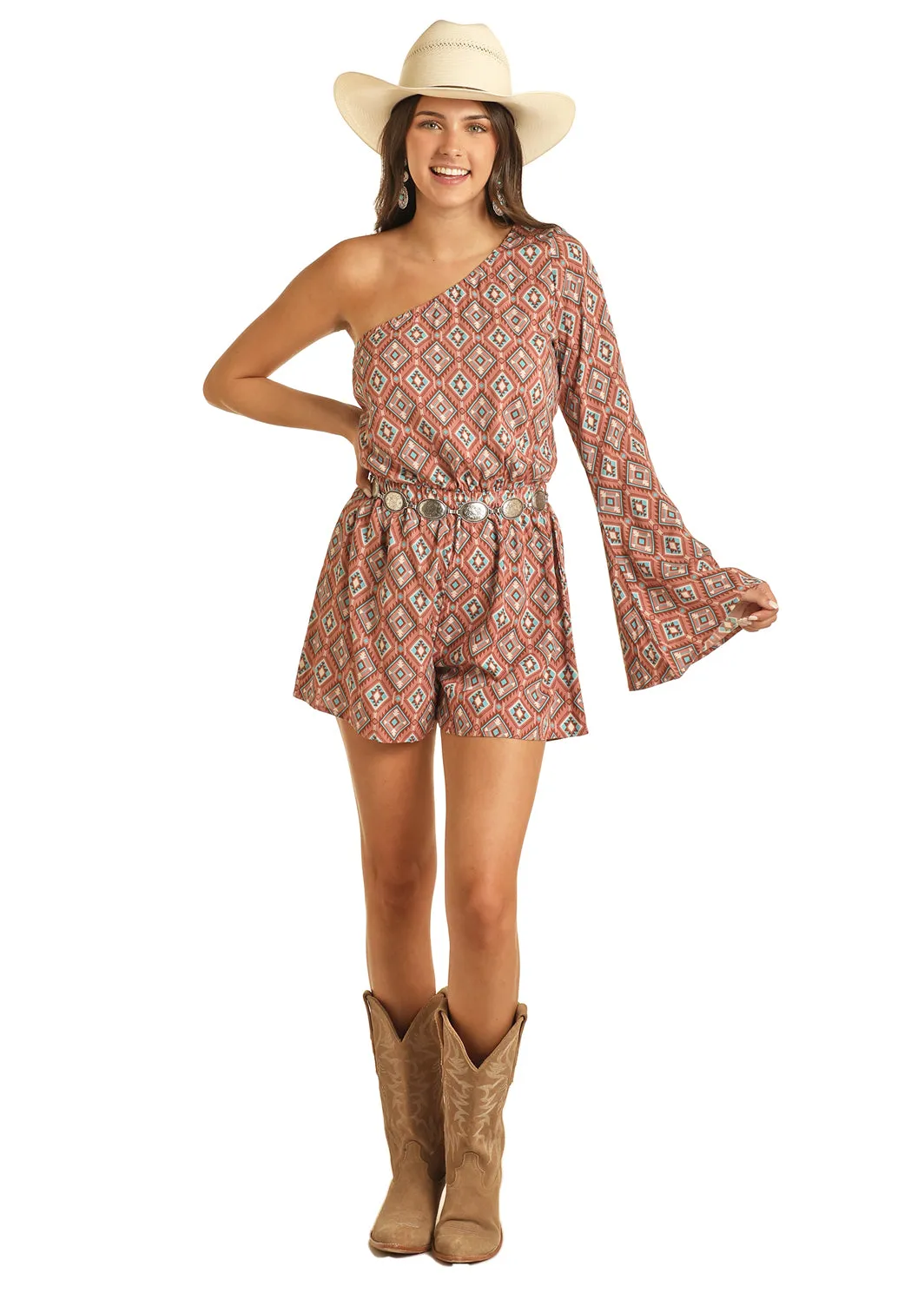 3908 Rock & Roll Ladies Aztec Print Bell Sleeve Romper