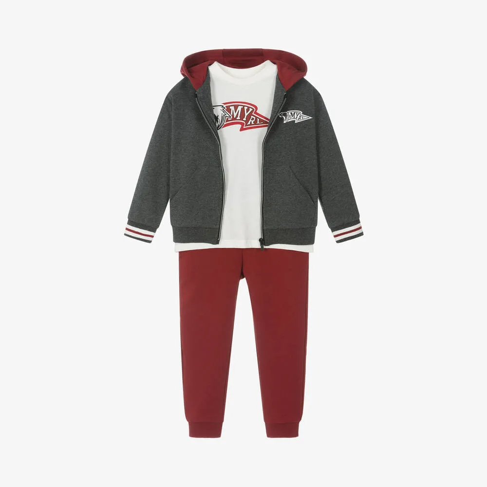 Boys Grey & Red Cotton Tracksuit Set