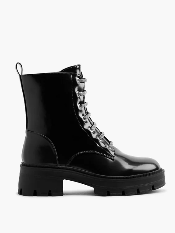 Catwalk  Black Diamante Detailed Black Biker Boot