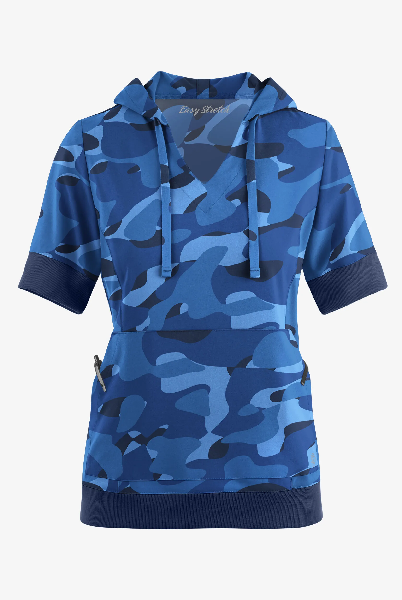 Easy Stretch Cloud Camo Navy Women's 3-Pocket Short Sleeve Pull-Over Scrub Hoodie