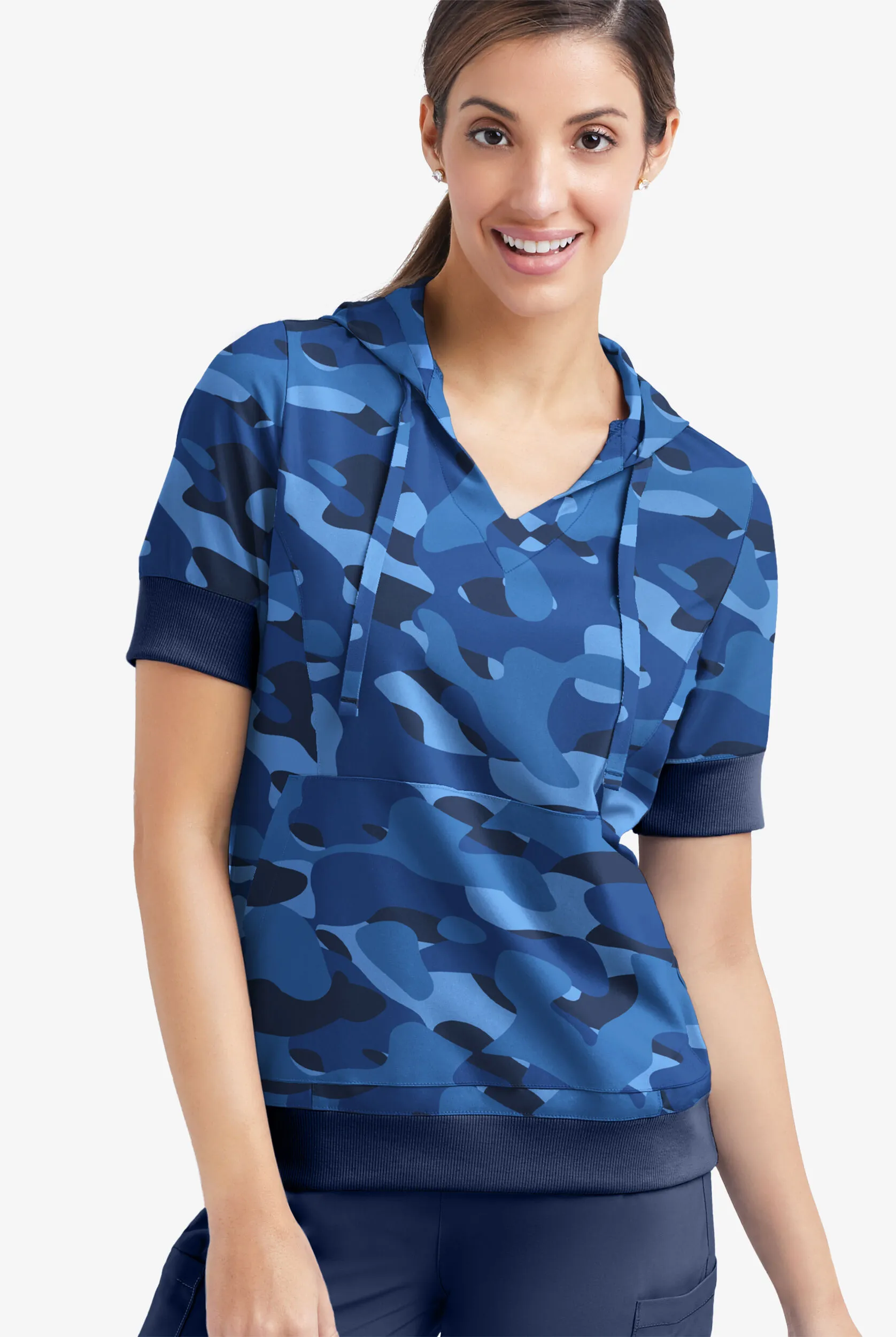 Easy Stretch Cloud Camo Navy Women's 3-Pocket Short Sleeve Pull-Over Scrub Hoodie