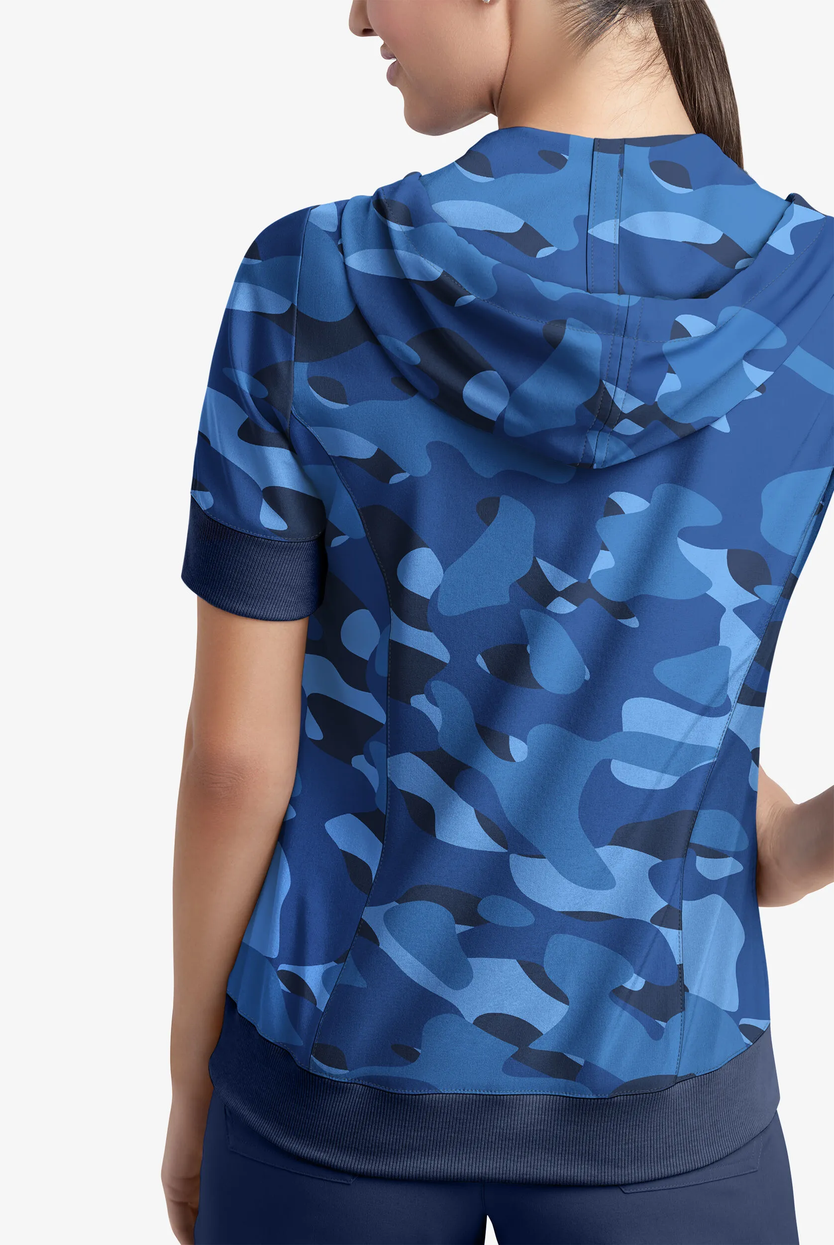 Easy Stretch Cloud Camo Navy Women's 3-Pocket Short Sleeve Pull-Over Scrub Hoodie