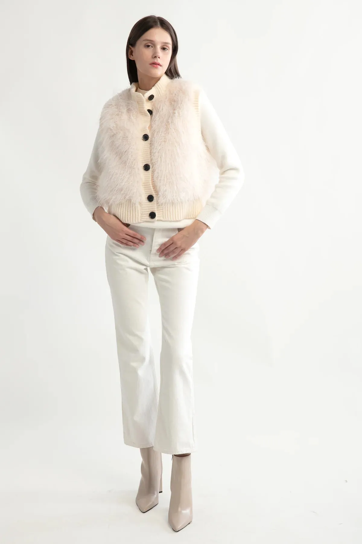 Fluffy Button Up Vest in Ivory