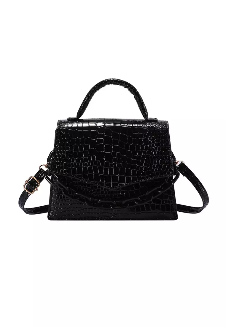 Lara Women's Fashionable Crocodile Skin Embossed Leather Flap Zipper Hand Bag Cross-body Bag - Black