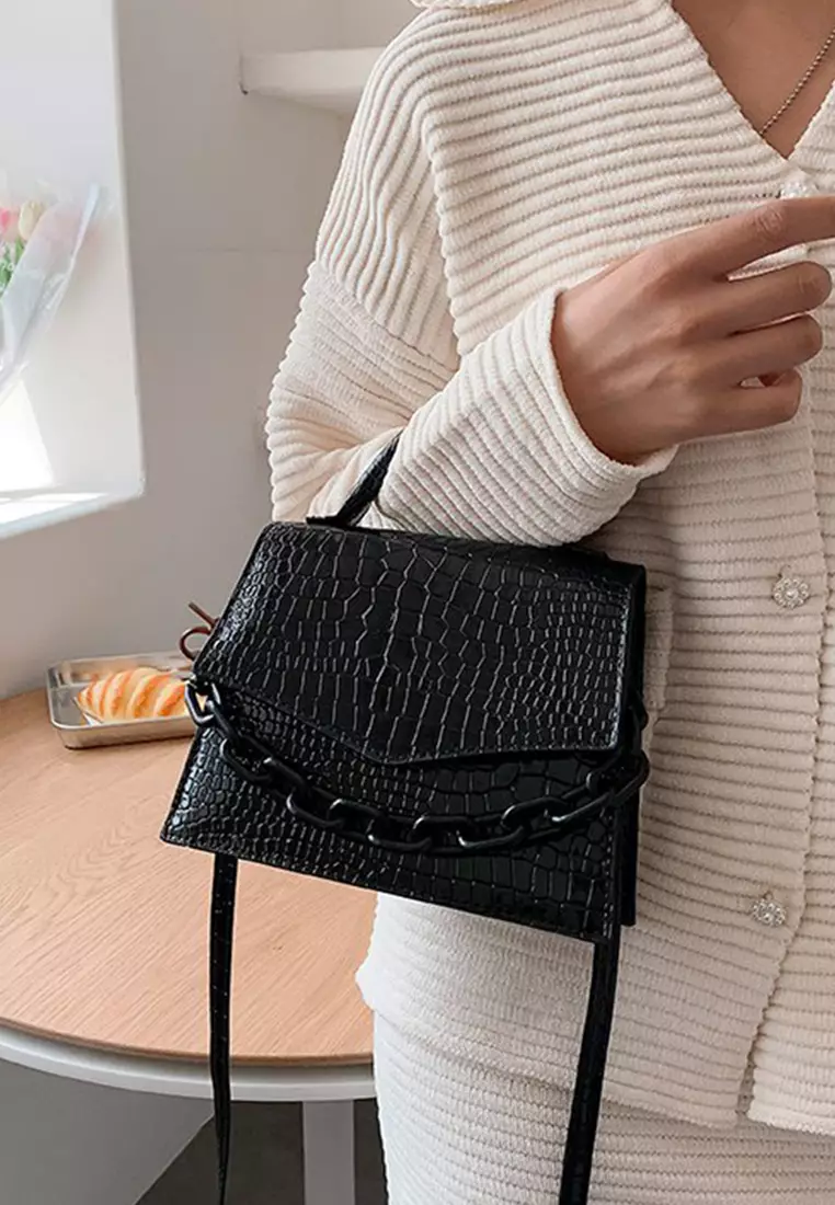 Lara Women's Fashionable Crocodile Skin Embossed Leather Flap Zipper Hand Bag Cross-body Bag - Black