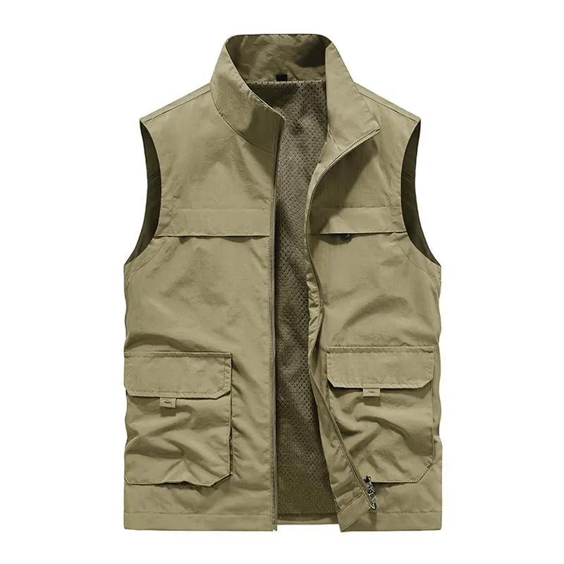 Men's Casual Stand Collar Zipper Multi-Pockets Quick-dry Workwear Vest 69045430M