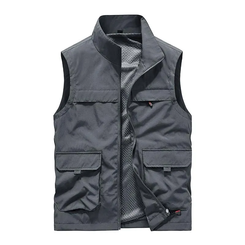 Men's Casual Stand Collar Zipper Multi-Pockets Quick-dry Workwear Vest 69045430M