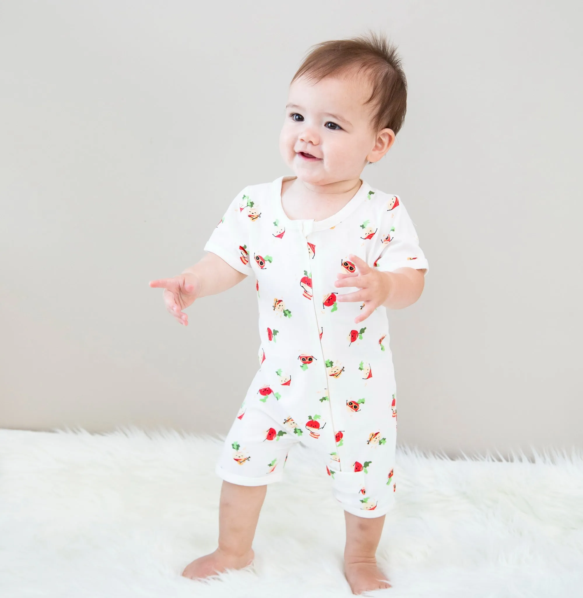 Organic Cotton Short Sleeve Zippy romper (Rad Radish Prt)