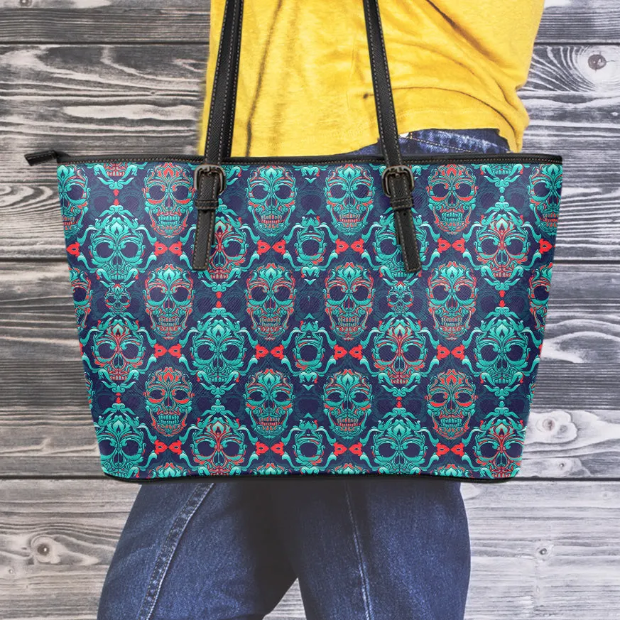 Ornamental Sugar Skull Leather Tote Bag