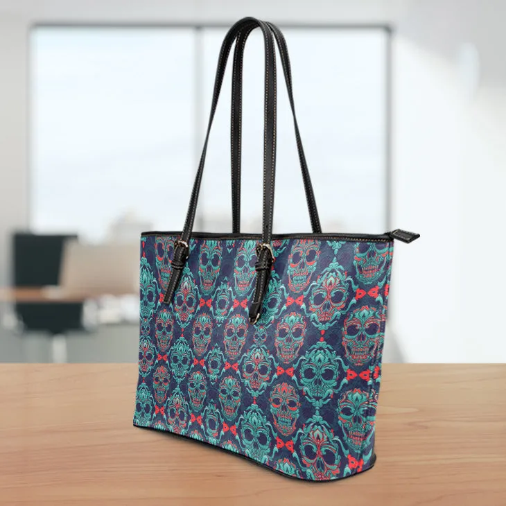 Ornamental Sugar Skull Leather Tote Bag