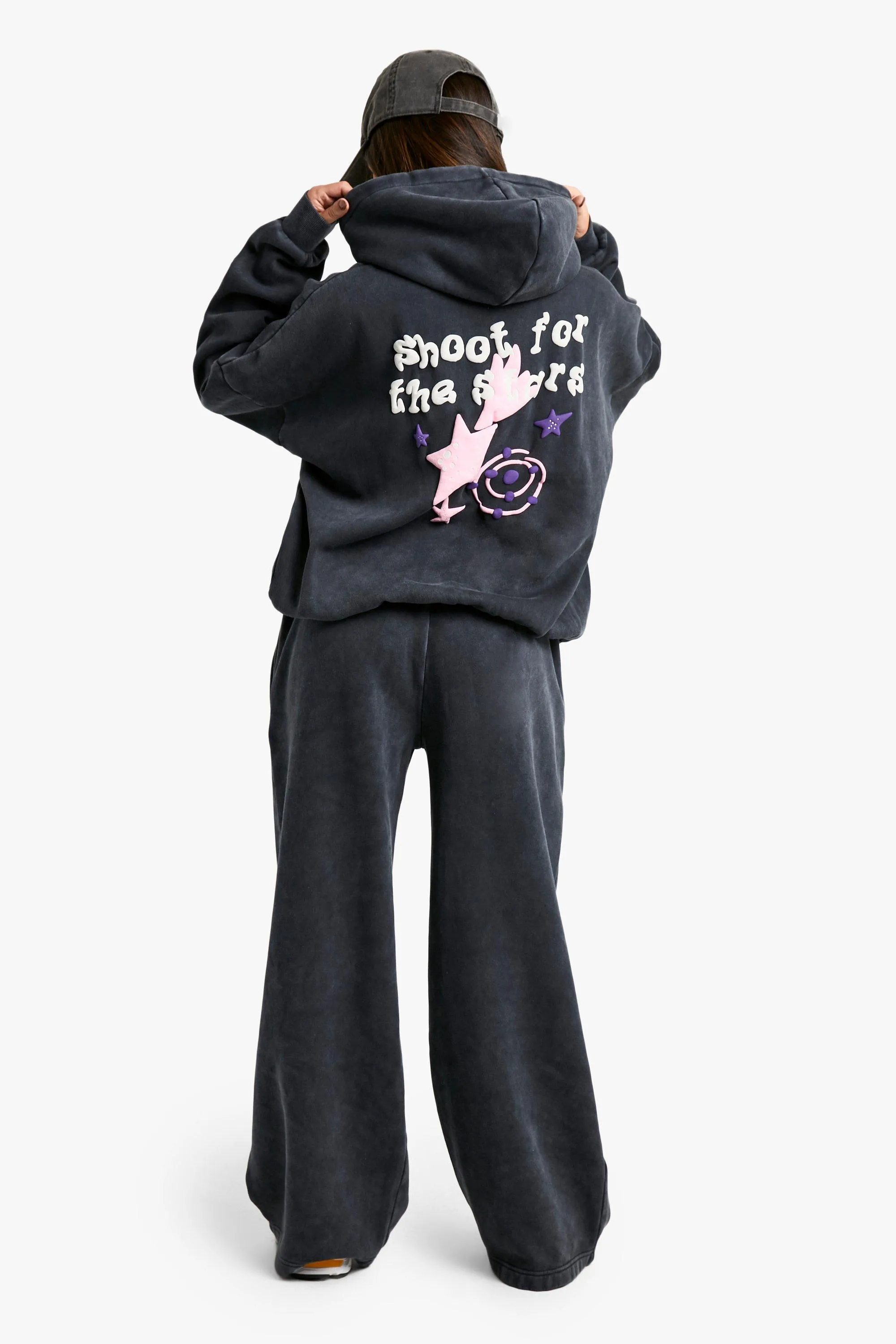 Petite Acid Wash Star Back Print Tracksuit