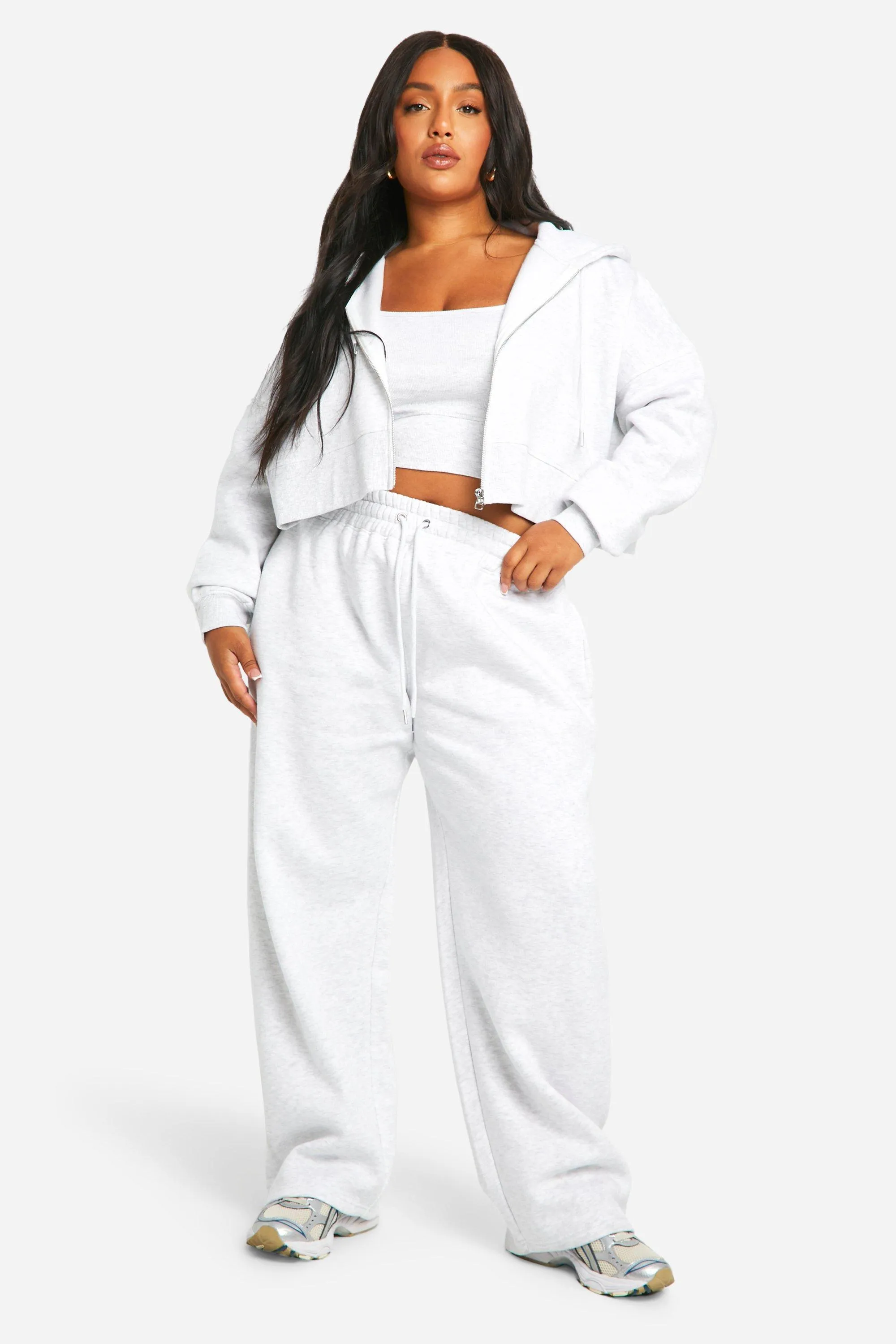 Plus Deep Hem Crop Top 3 Piece Hooded Tracksuit