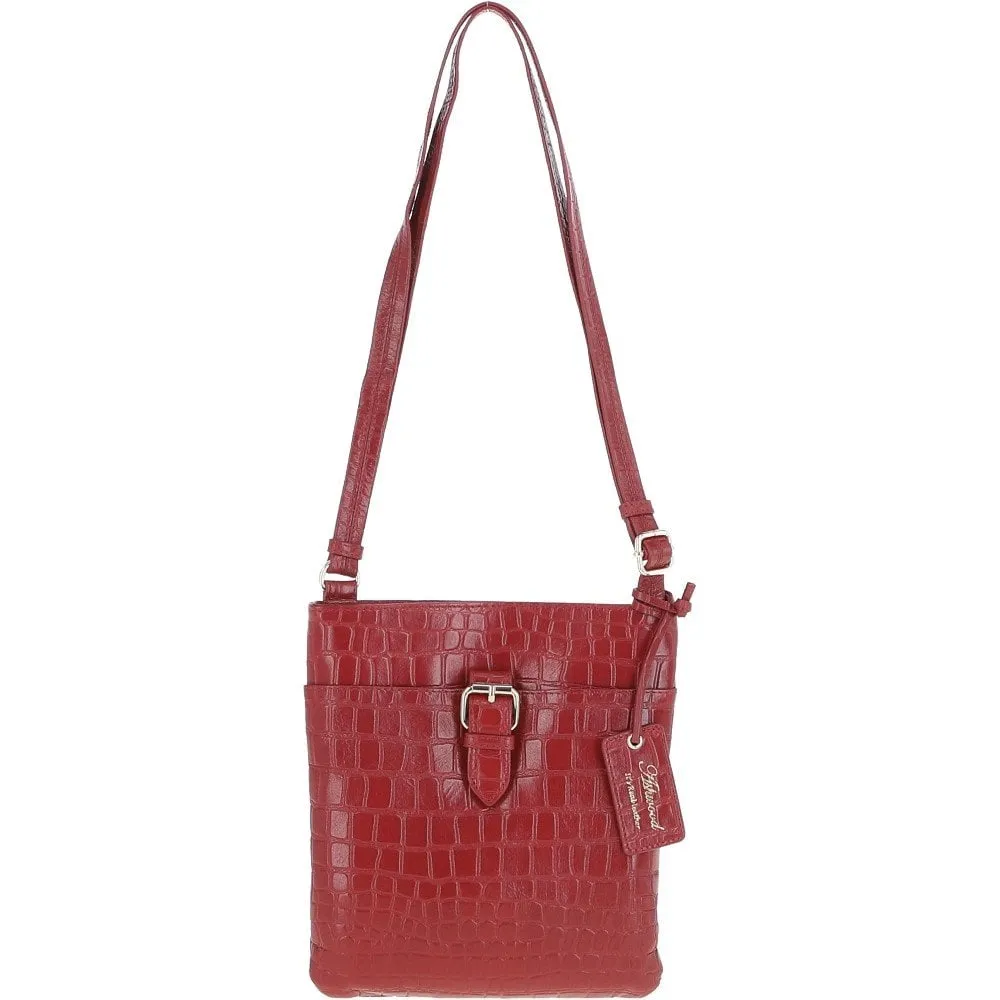 Tab Small Zip Top Leather Cross Body Bag Red/Croc