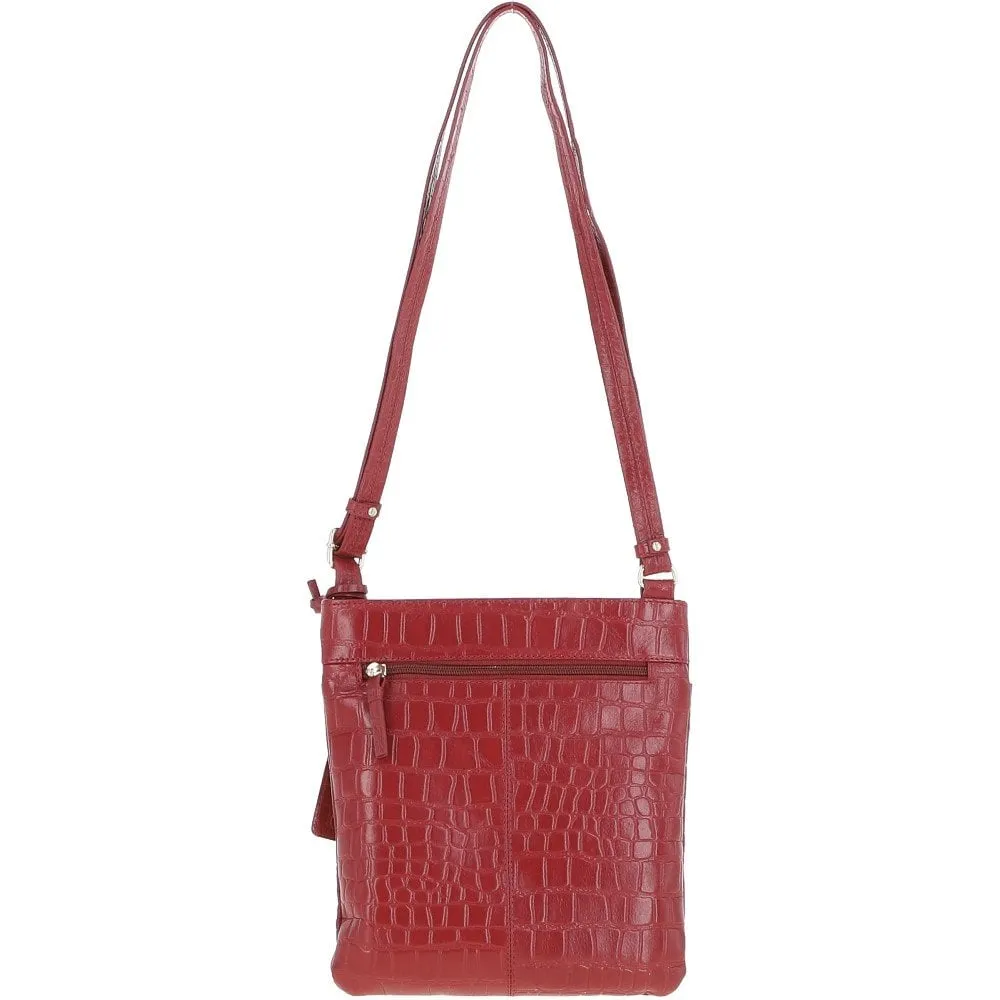 Tab Small Zip Top Leather Cross Body Bag Red/Croc