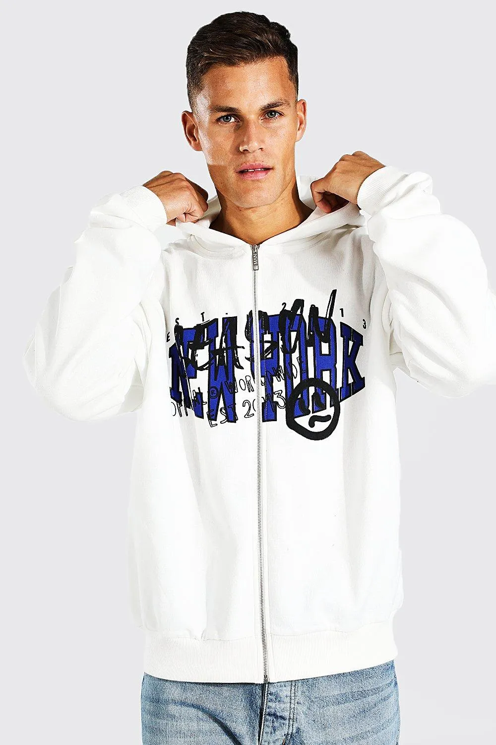 Tall New York Varsity Zip Through Hoodie | boohooMAN UK